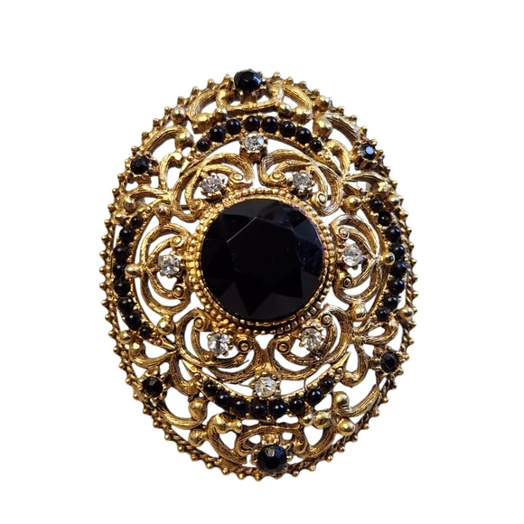 Vintage Florenza Black Rhinestone Mourning Brooch in Gold-tone - Picture 3 of 8